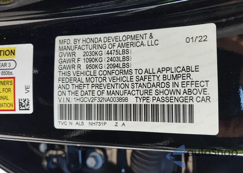 2022 Honda Accord Sport 2.0T z USA, uszkodzony, nr VIN 1HGCV2F32NA003898